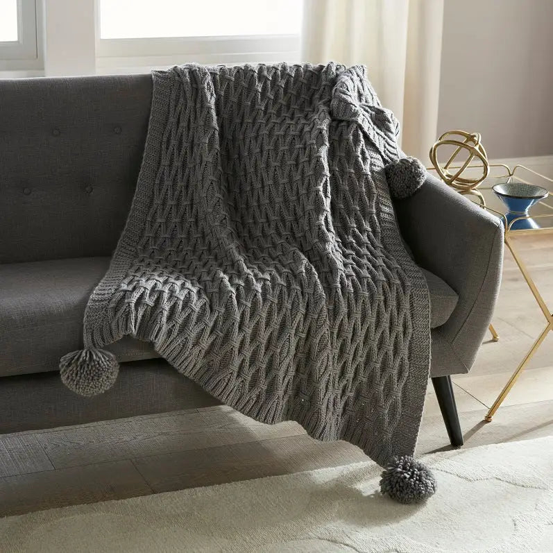 Pom Pom Sweater Knit Throw (Multiple Colors)