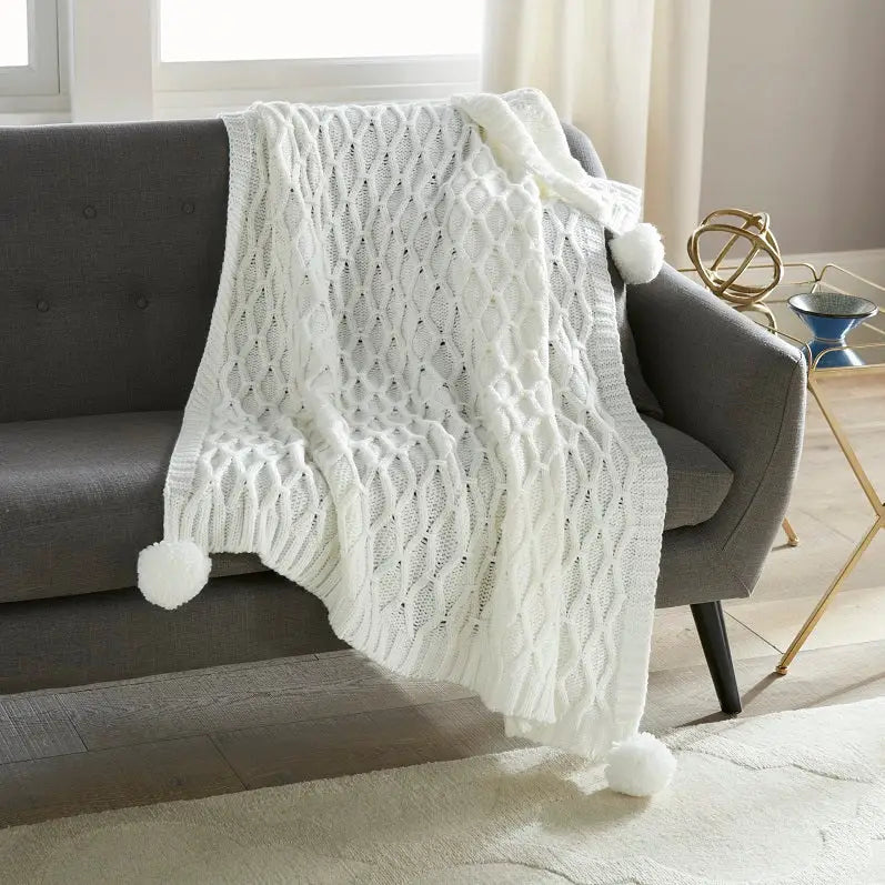 Pom Pom Sweater Knit Throw (Multiple Colors)